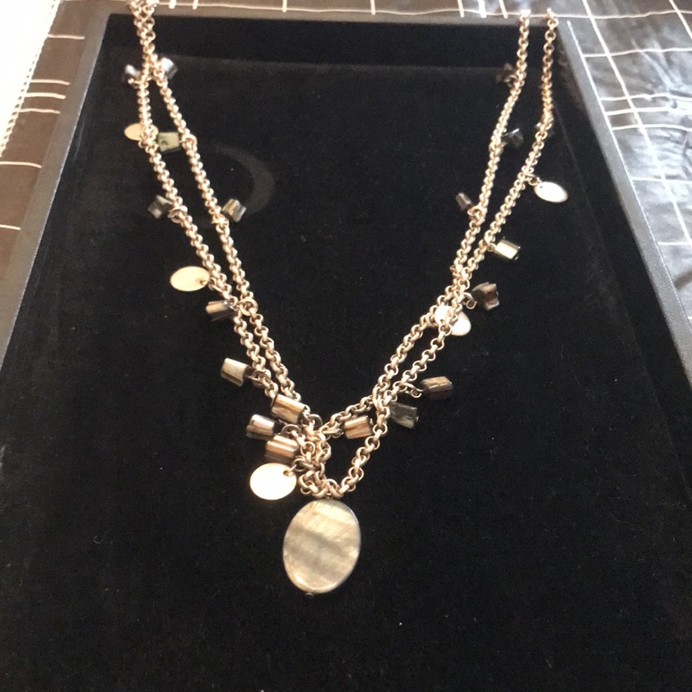 32 in double chain necklace/w dangling multi color stones & silver tone plates .